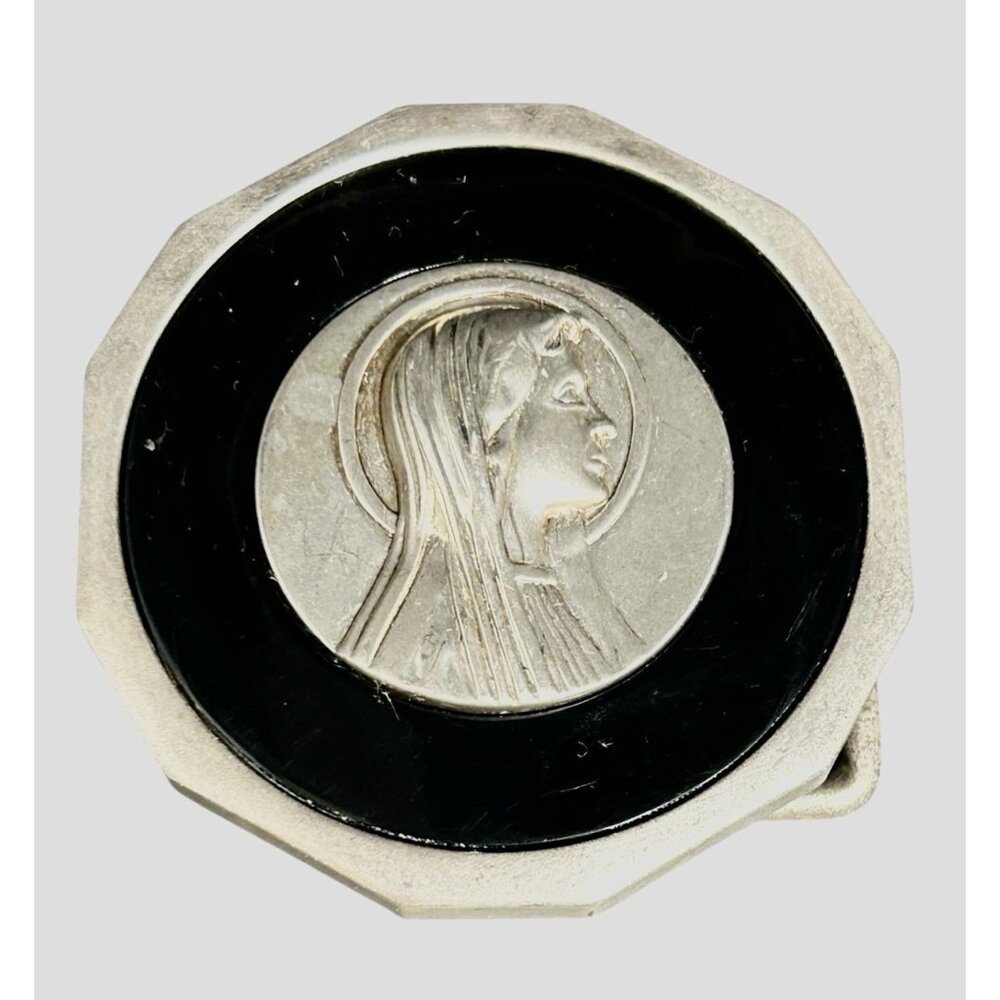 Virgin Mary Vintage Belt Buckle - Black Enamel w Silver Stainless Steel Rare HTF